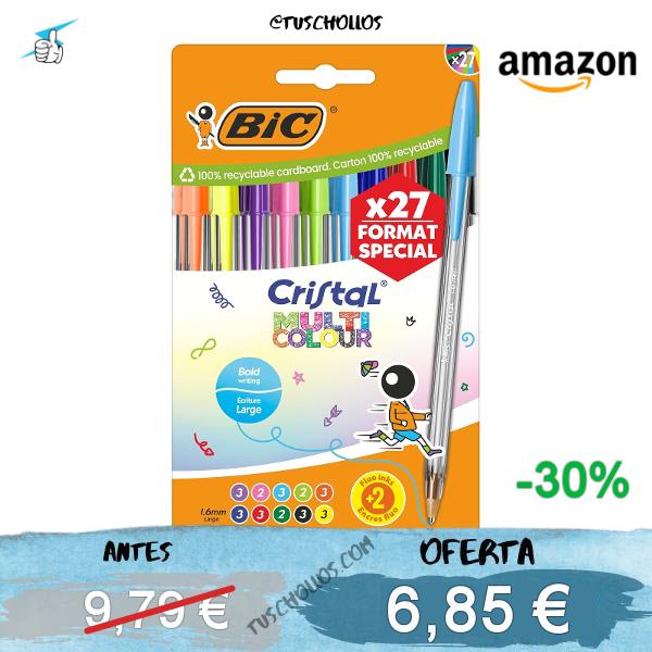 BIC Cristal Multicolour Bolígrafos de Punta Ancha (1,6 mm) Set Formato Especial - Colores Clásicos, Neón y Divertidos Surtidos, Pack de 27, 1 unidad (Paquete de 27)