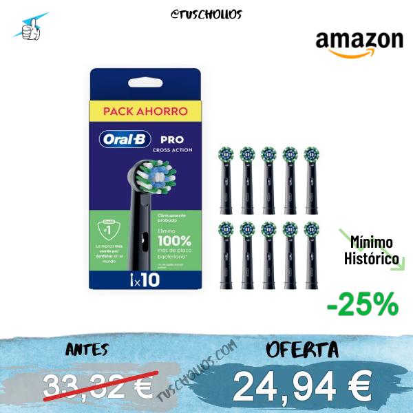 Oral-B Pro CrossAction Cabezales de Recambio Originales, Negro, Pack de 10, 1 unidad (Paquete de 10)
