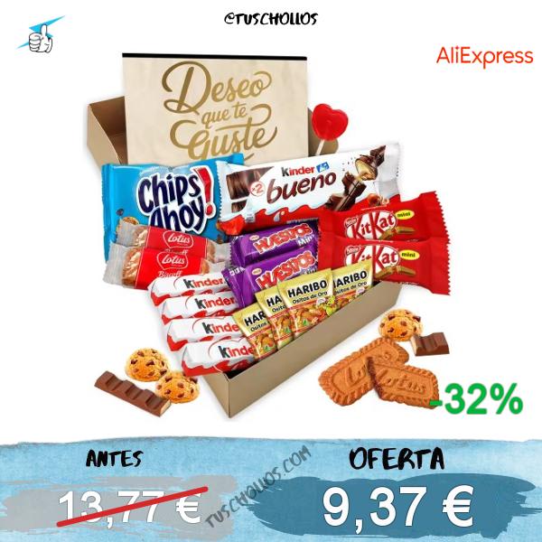 Cajita Regalo VIP con 17 Chocolates de Primeras Marcas Cia&Co. Un surtido con Kinder Bueno, Cards, Kit Kat, Twix, Mars y Lotus, ideal como detalle original con tarjeta personalizada.