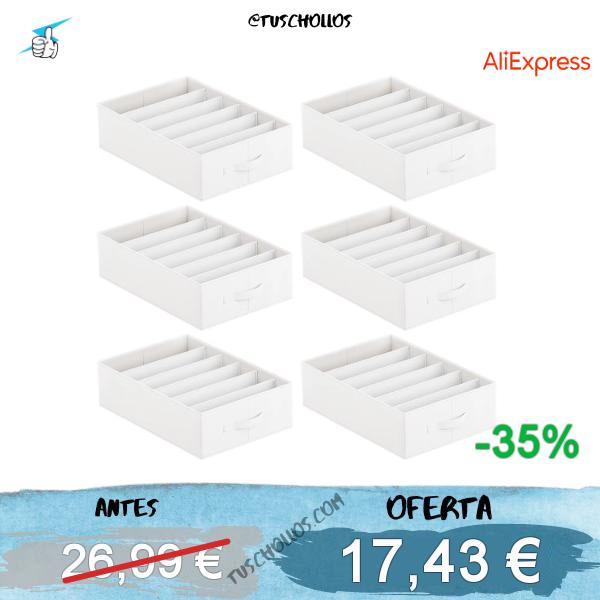 SONGMICS Juego de 6 Organizadores de Cajón, Organizadores de Armario de 6 Compartimentos, Plegables, 42 x 30 x 17 cm, para Pantalones, Ropa, Beige Arena/Blanco Nube