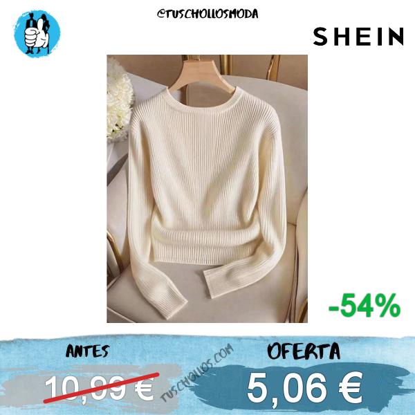 Resyla Camiseta de punto de cuello redondo elegante, top de punto de moda minimalista, blanco crema para oficina en otoño/invierno