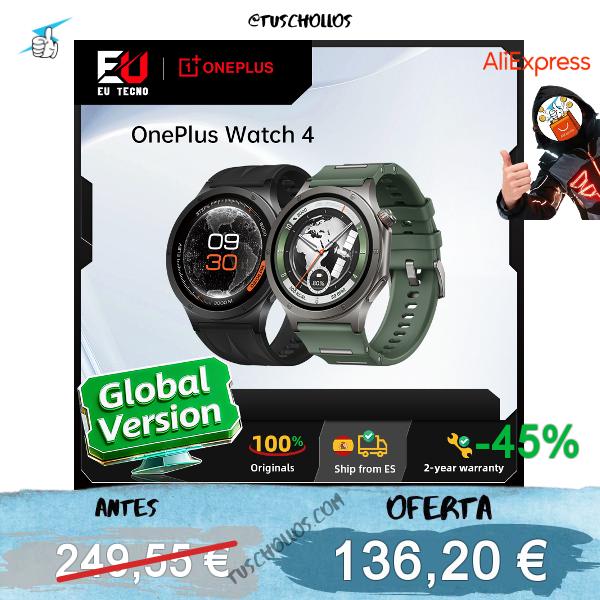 Versión global del reloj inteligente OnePlus Watch 4, 1,5 pulgadas, Wear OS by Google, Snapdragon W5, hasta 16 días de autonomía, Google Wallet