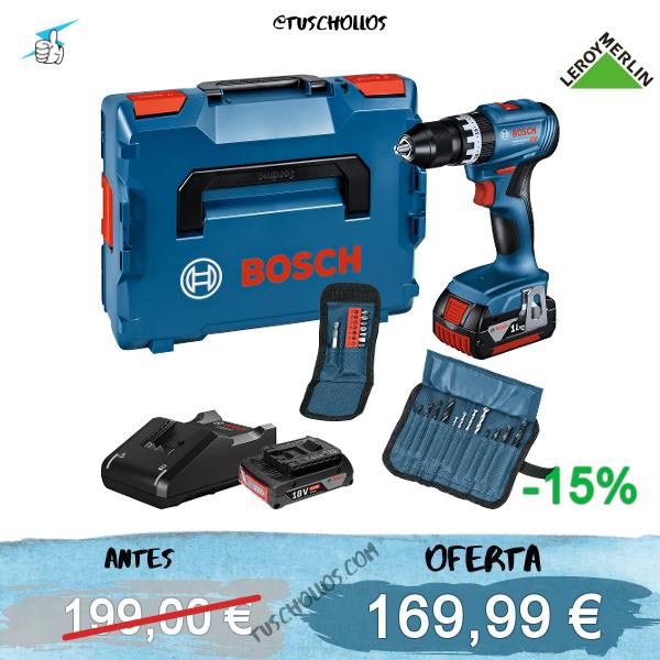 Taladro percutor de 18 V sin escobillas. Incluye baterías de 4 Ah y 2 Ah, cargador GAL18V-40, maletín L-Boxx y juegos de brocas y puntas.