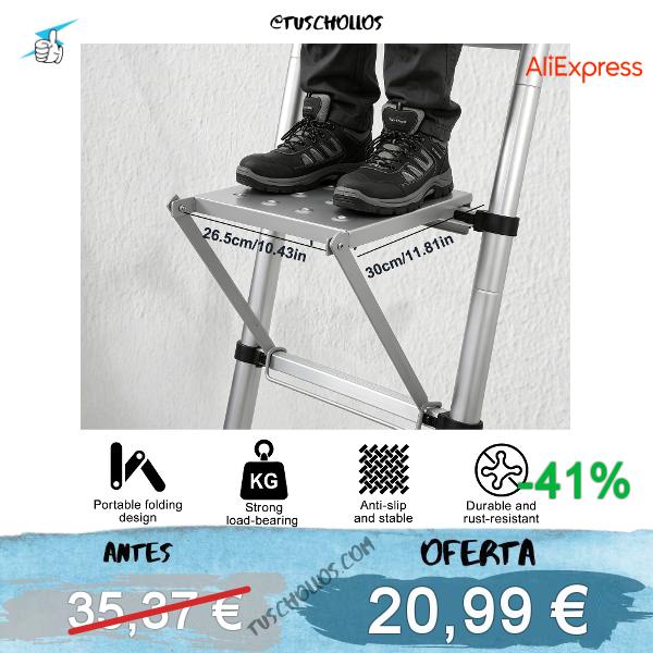 Plataforma de trabajo con escalera plegable de aluminio: plataforma antideslizante plateada y bandeja multifuncional para herramientas, adaptable a la mayoría de las escaleras y andamios, con refuerzos, tuercas de bloqueo y gancho interior, ideal para trabajos de bricolaje, pintura, reparación, limpieza y en talleres.