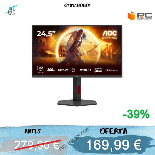 Monitor Gaming AOC Q25G4SR 24.5" QHD 300Hz Fast IPS HDR400 1ms HDMI 2.1 Negro/Rojo