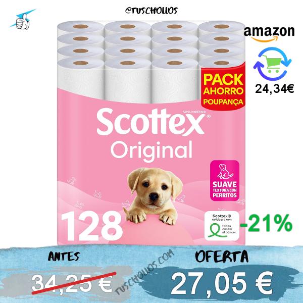 Scottex Original Papel higiénico, 128 rollos, 4 packs de 32 rollos dos capas que proporcionan el equilibro adecuado en suavidad y resistencia, 32 unidad (Paquete de 4)