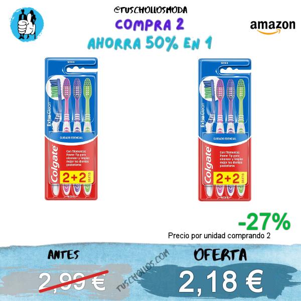 COLGATE Cepillo de dientes Extra Clean medio, limpia alcanzando hasta los dientes posteriores Pack 2+2, Multicolor (CP21509), 4 unidad (Paquete de 1)