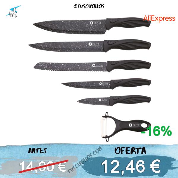 Set de 5 cuchillos Elite, De Acero Inoxidable y Pelador. Mango De Goma Ergonómico Con Agarre Antideslizante